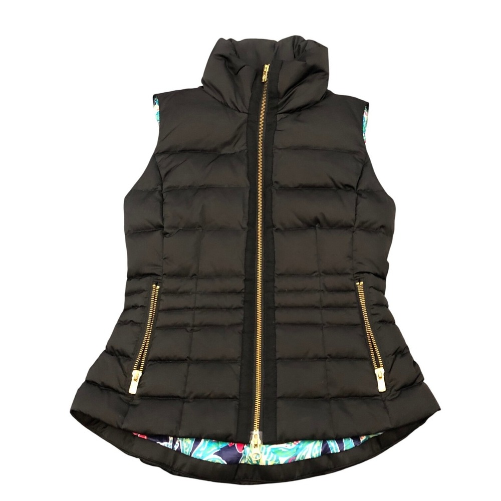 Lilly Pulitzer Syd Puffer Vest Womens XXS Black Floral Print Lining Down Filled